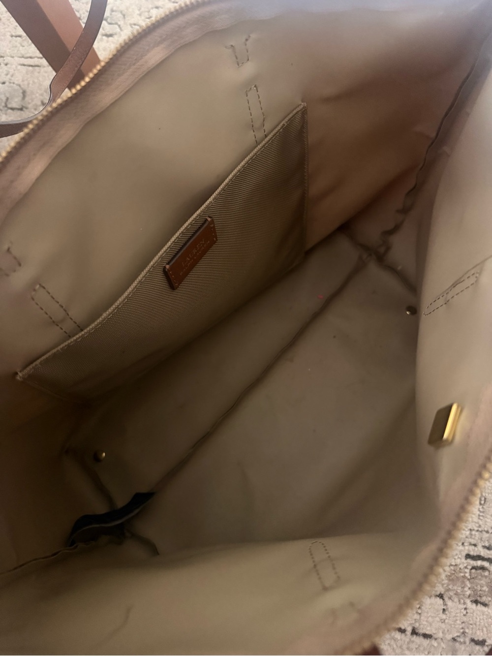 Lauren Ralph Lauren Medium Keaton Nylon Tote Khaki Cognac Leather Gold - Picture 5 of 9